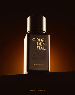 Confidential perfume with saffron, oud, rose, tobacco, and sandalwood notes – bold mysterious spicy woody fragrance