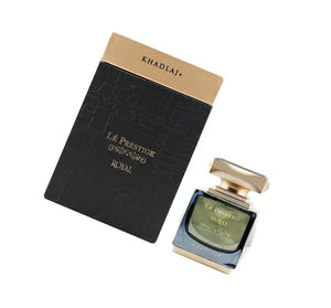 Le Prestige Royal 100ml EDP by Khadlaj – regal perfume with spearmint, Turkish rose, cinnamon, amber, vanilla, leather, and cedarwood in a luxury bottle.