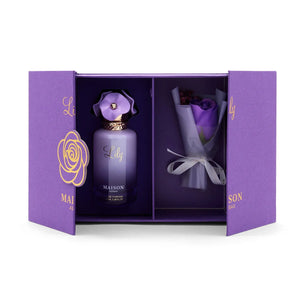 Long lasting perfume – Lily 100ml Eau de Parfum by Maison Asrar featuring floral fruity notes of lychee, rose, violet, musk, and vanilla.