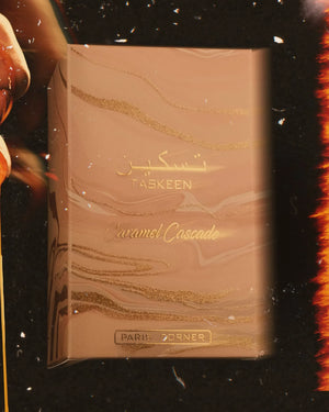 Taskeen Caramel Cascade perfume with notes of caramel, tonka bean, vanilla, white musk, and amber – sweet and sensual fragrance