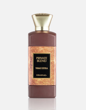 Private Blend TOBAC Extra 100ml by Khadlaj – extrait perfume with saffron, tobacco, incense, patchouli, oud, vanilla, and warm spices in a luxury bottle.