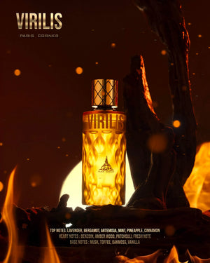 Virilis perfume with notes of lavender, bergamot, patchouli, toffee, and vanilla – amber woody masculine fragrance