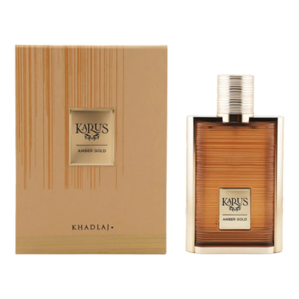 Karus Amber Gold 100ml EDP by Khadlaj – luxurious oud floral perfume with blackcurrant, jasmine, patchouli, and incense in a gold glass bottle.


