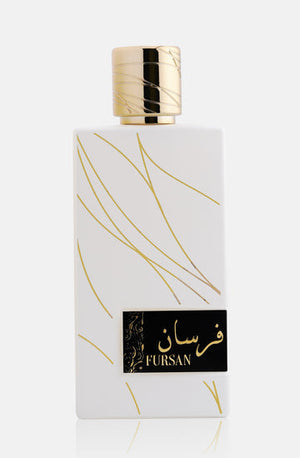 Fursan White 100ml EDP by Khadlaj – fresh perfume with bergamot, jasmine, coconut, almond, vanilla, cedarwood, and nutmeg in a sleek white bottle.