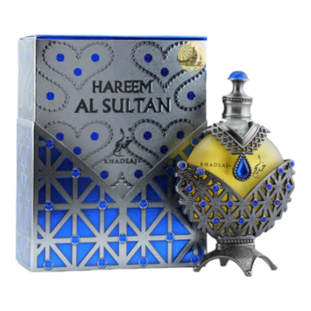 Hareem Al Sultan Blue 35ml by Khadlaj – elegant long lasting fruity floral perfume with notes of citrus, jasmine, musk, and amber in a luxurious bottle.

