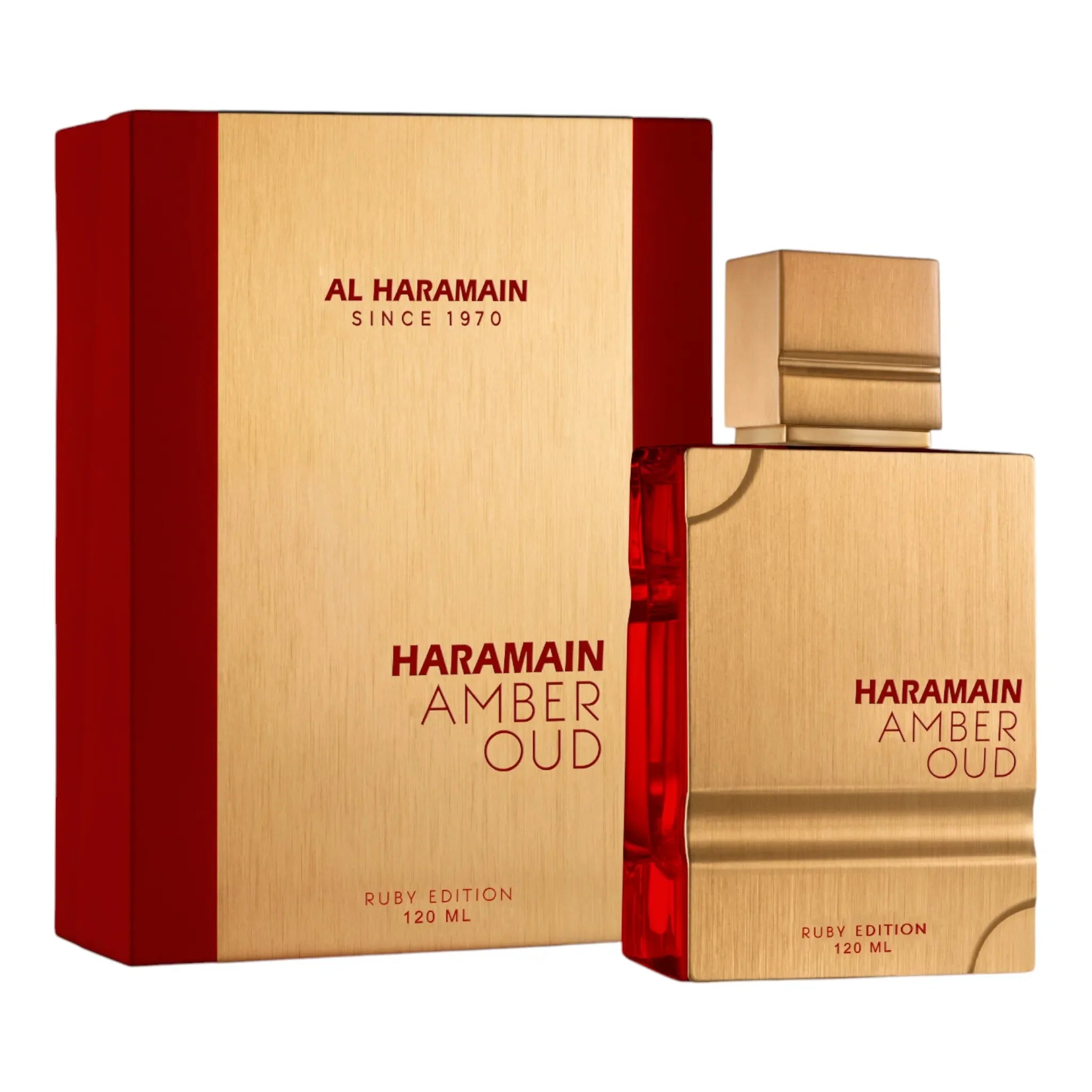 Haramain Amber Oud Ruby Edition 60ml – Saffron and jasmine oud perfume in a ruby-toned bottle

