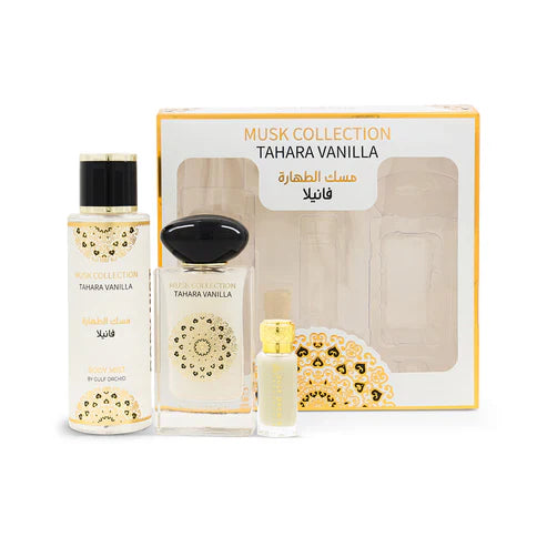 Floral musky perfume gift set – Musk Tahara Vanilla by Gulf Orchid with Eau de Parfum, body mist, and perfume oil featuring vanilla, musk, and tonka.

