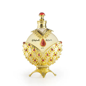 Hareem Al Sultan Gold 35ml perfume oil – non-alcoholic concentrated fragrance with notes of jasmine, pineapple, peach, sandalwood, and musk.

