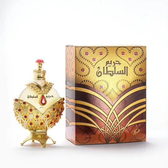 Hareem Al Sultan Gold 35ml perfume oil – non-alcoholic concentrated fragrance with notes of jasmine, pineapple, peach, sandalwood, and musk.

