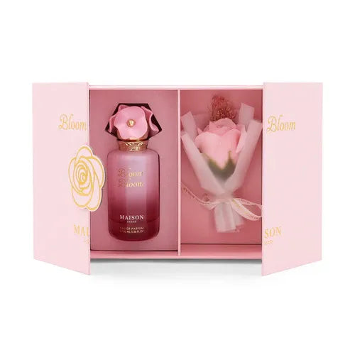 Long lasting perfume – Bloom Bloom by Maison Asrar 100ml Eau de Parfum featuring floral fruity notes of pear, peach, rose, and musk in a fresh, elegant bottle.

