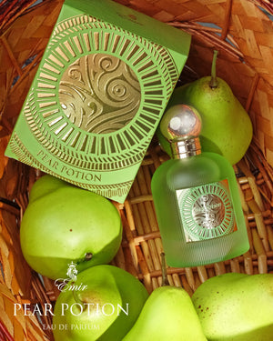 Pear Potion perfume with fruity top notes of pear and apple, jasmine caramel heart, and raspberry musk base

