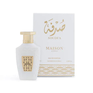 Soudfa 100ml by Maison Asrar – floral musky perfume with peach, mandarin, rose, jasmine, neroli, patchouli, sandalwood, and vetiver in a refined bottle.

