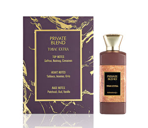 Private Blend TOBAC Extra 100ml by Khadlaj – extrait perfume with saffron, tobacco, incense, patchouli, oud, vanilla, and warm spices in a luxury bottle.

