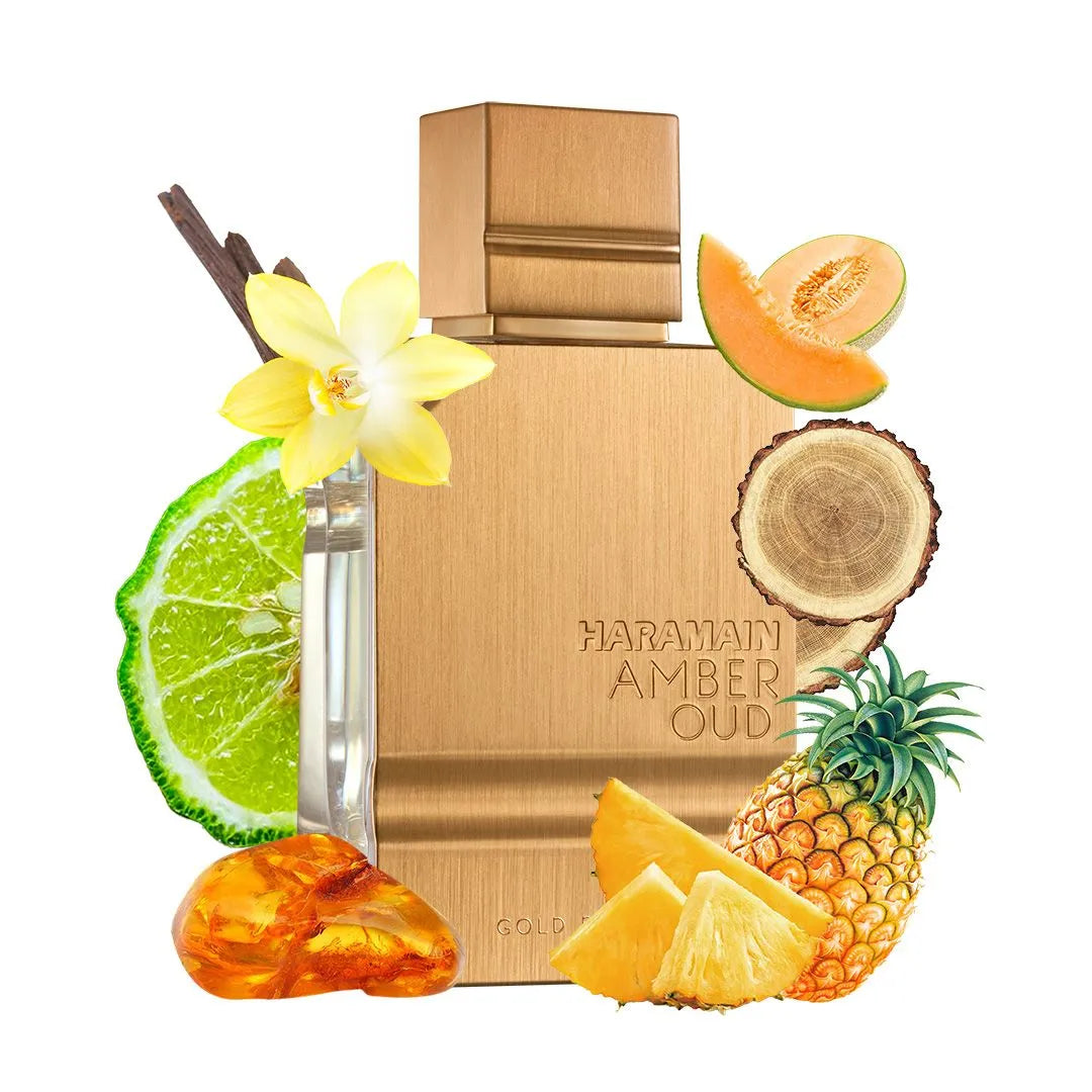 Amber Oud Gold Edition 60ml by Haramain – Luxury unisex perfume with oud, amber, pineapple, and vanilla in an elegant gold bottle

