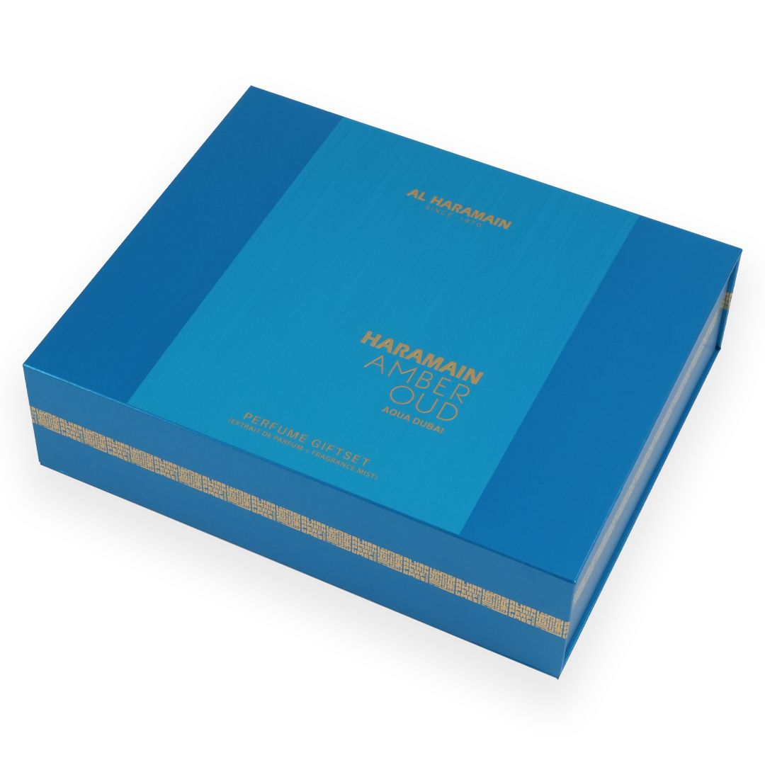 Haramain Amber Oud Aqua Dubai Perfume Gift Set with Body Mist (75ml + 30 ml + 250ml)