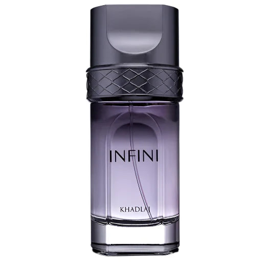 Infini 100ml EDP by Khadlaj – fresh perfume with bergamot, apple, pineapple, patchouli, cardamom, birch, and vetiver in a sleek modern bottle.

