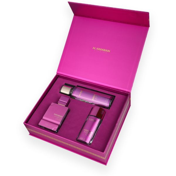 Haramain Amber Oud Ultra Violet Perfume Gift Set with Body Mist (75ml + 30 ml + 250ml)
